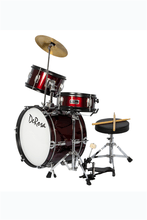 Charger l'image dans la galerie, De Rosa USA 3 piece 16" kids junior drum set with birch wood shells, cymbal, pedal, stool, and sticks