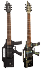 Load image into Gallery viewer, Two Glen Burton AK47 electric guitars, one in black and one in camouflage, shaped like machine guns with dual humbuckers and whammy bars.